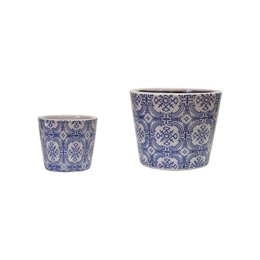 White Terra-cotta Planters with Blue Details