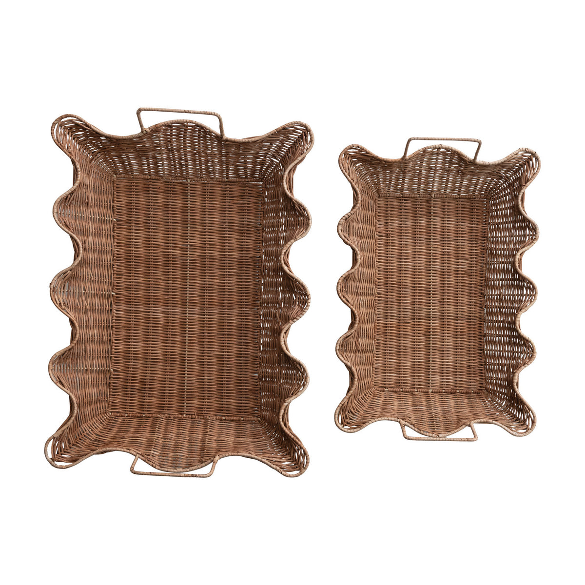 Decorative Hand-Woven Rattan Scalloped Trays with Handles