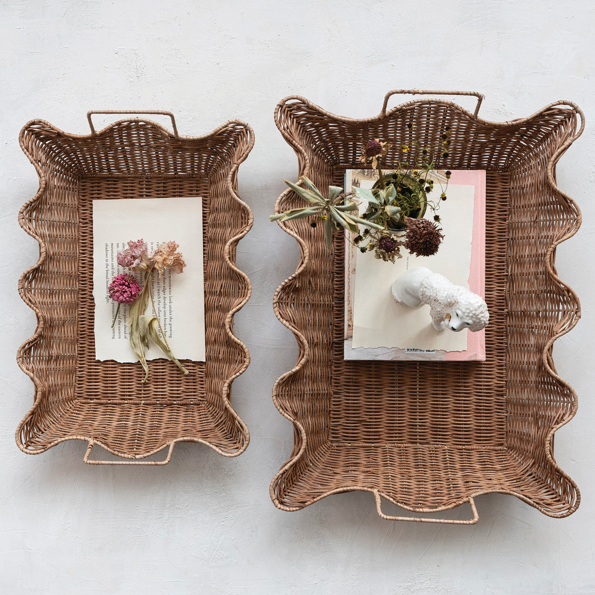Decorative Hand-Woven Rattan Scalloped Trays with Handles