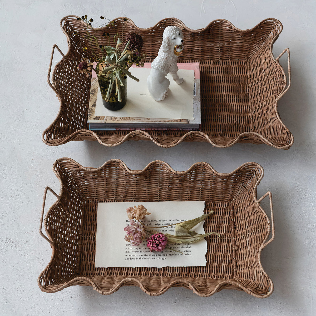 Decorative Hand-Woven Rattan Scalloped Trays with Handles