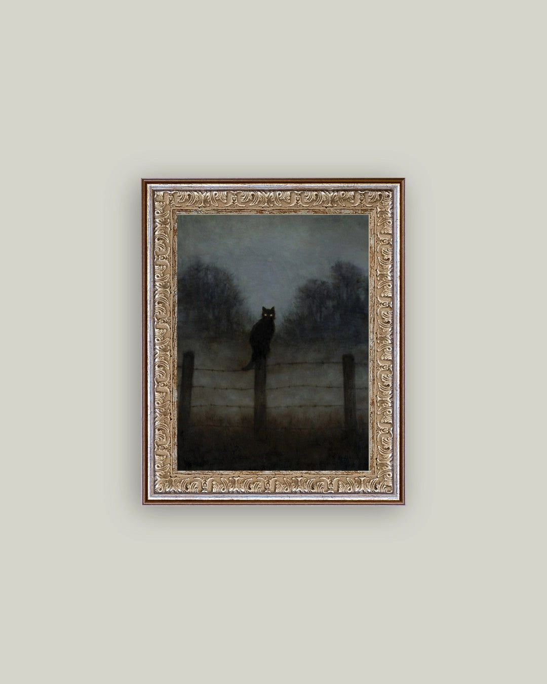 Black Cat in Night Framed Antique Art