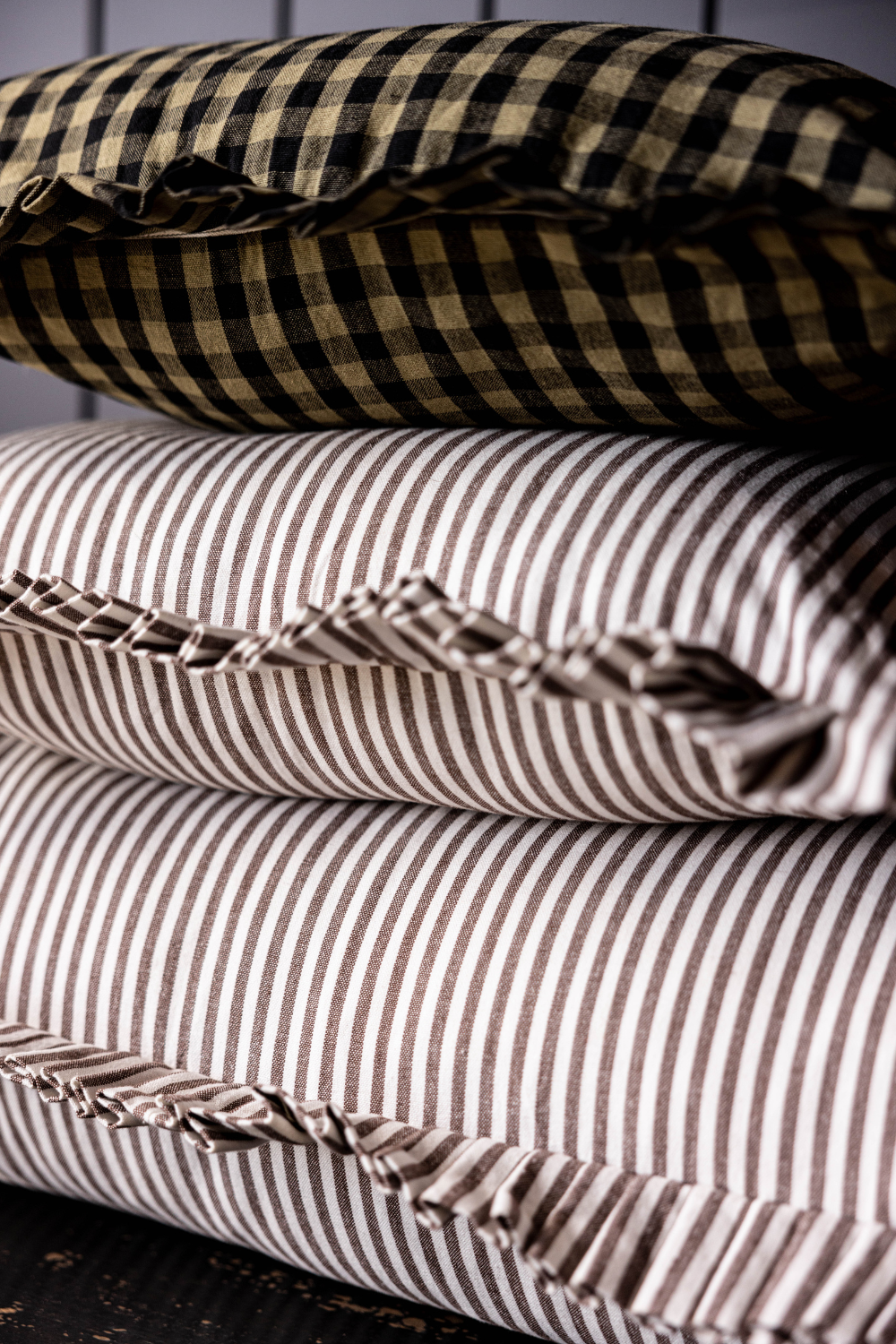 Ruffle Bolster Pillow Cover Brown White Stripes with Insert