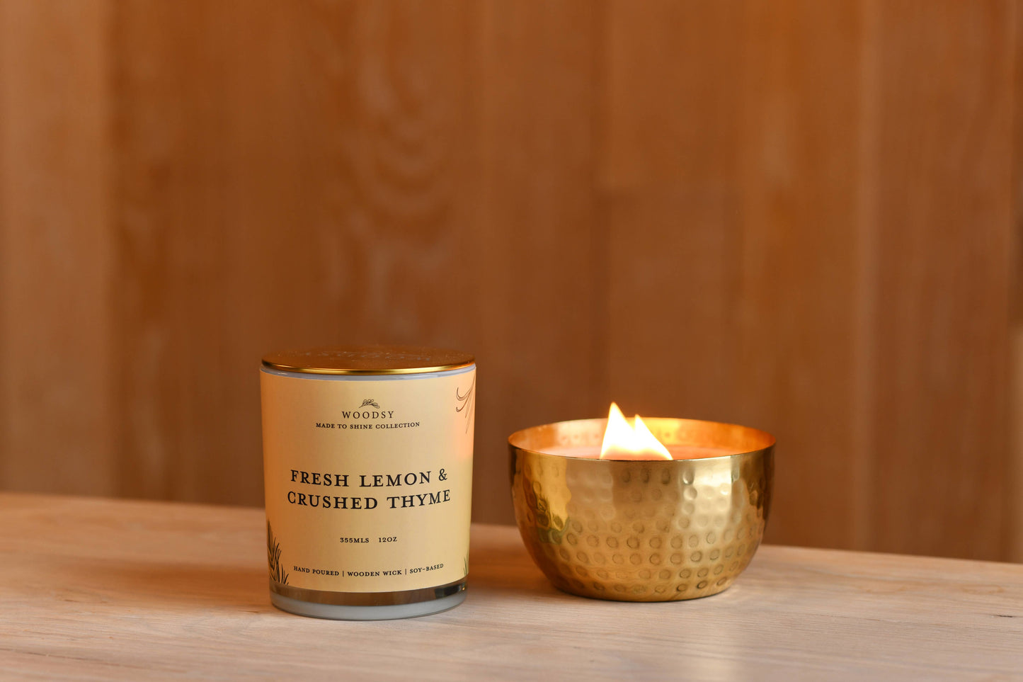 Fresh Lemon & Crushed Thyme-Solid Brass 14oz Pure Soy Candle