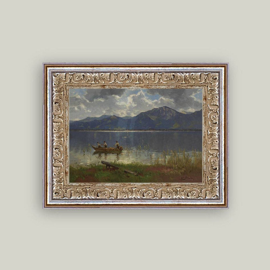 Fishermen on Lake Framed Antique Art