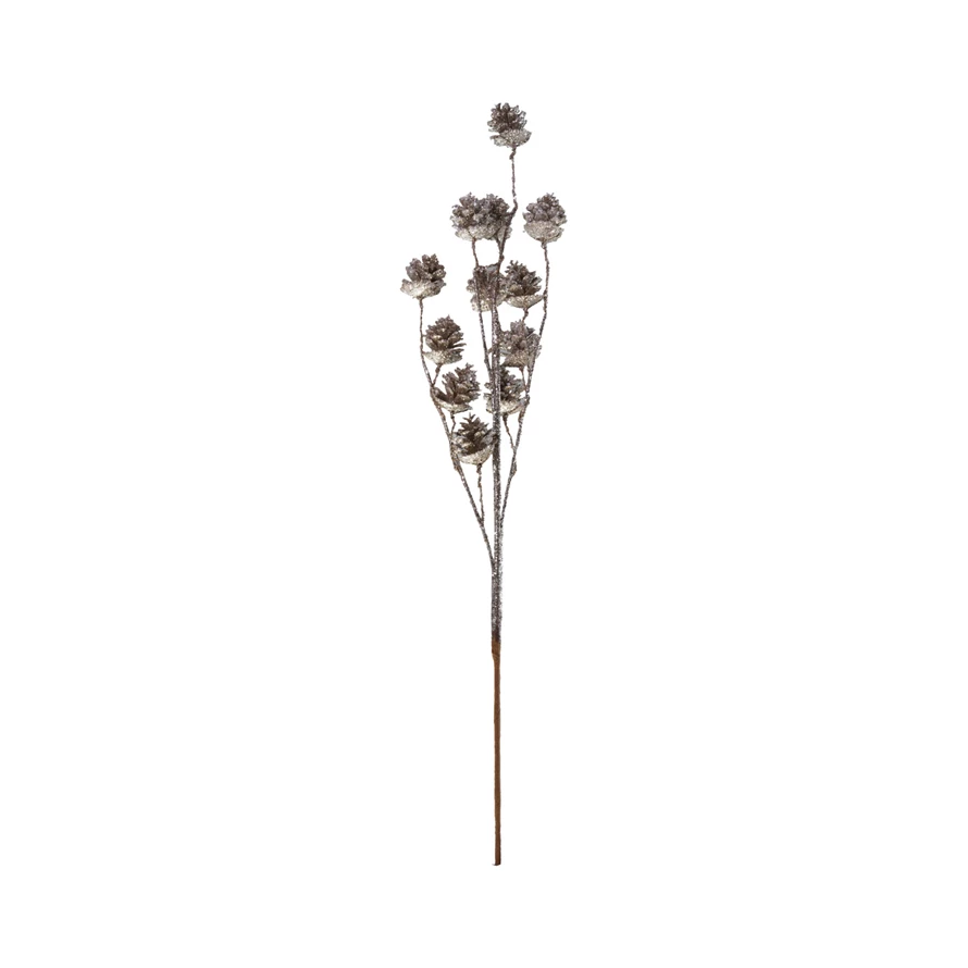 29"L Plastic Pinecone Stem with Glitter, Champagne Finish