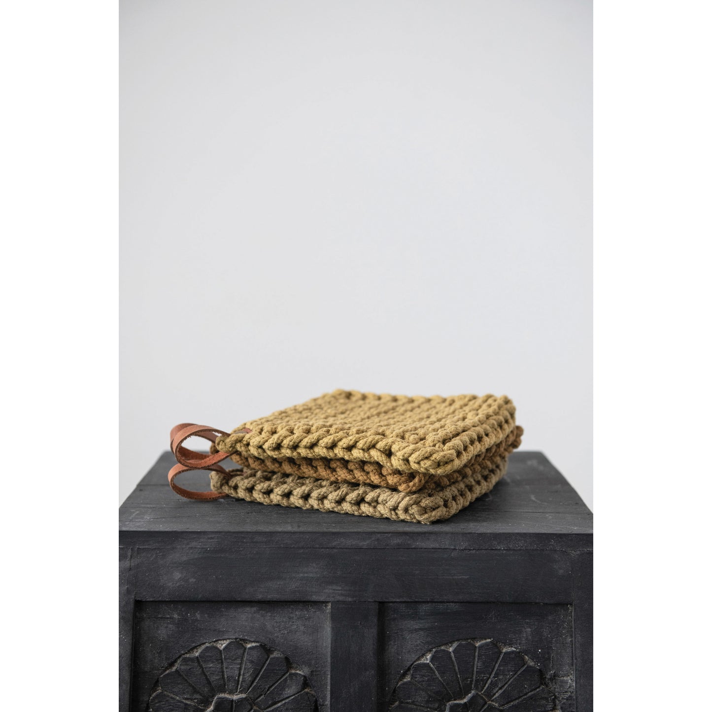 Crocheted Pot Holder with Leather Loop - 3 Colors