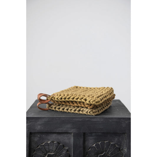 Crocheted Pot Holder with Leather Loop - 3 Colors