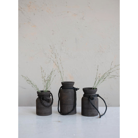 Found Decorative Wood Jug w/ Rope Handle