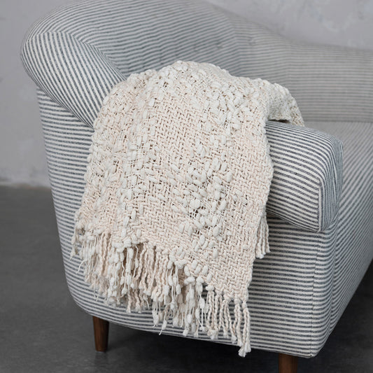 60"L x 50"W Woven Cotton Blend Cable Knit Throw w/ Fringe - Natural