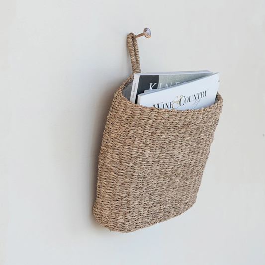 Hand-Woven Seagrass Wall Basket with Loop & Cotton Lining, Natural