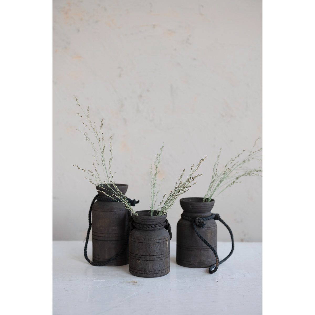 Found Decorative Wood Jug w/ Rope Handle