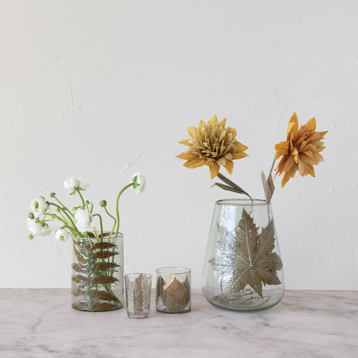 Hand-Blown Glass Hurricane w/ Embedded Papaya Leaves & Gold Foil Edge