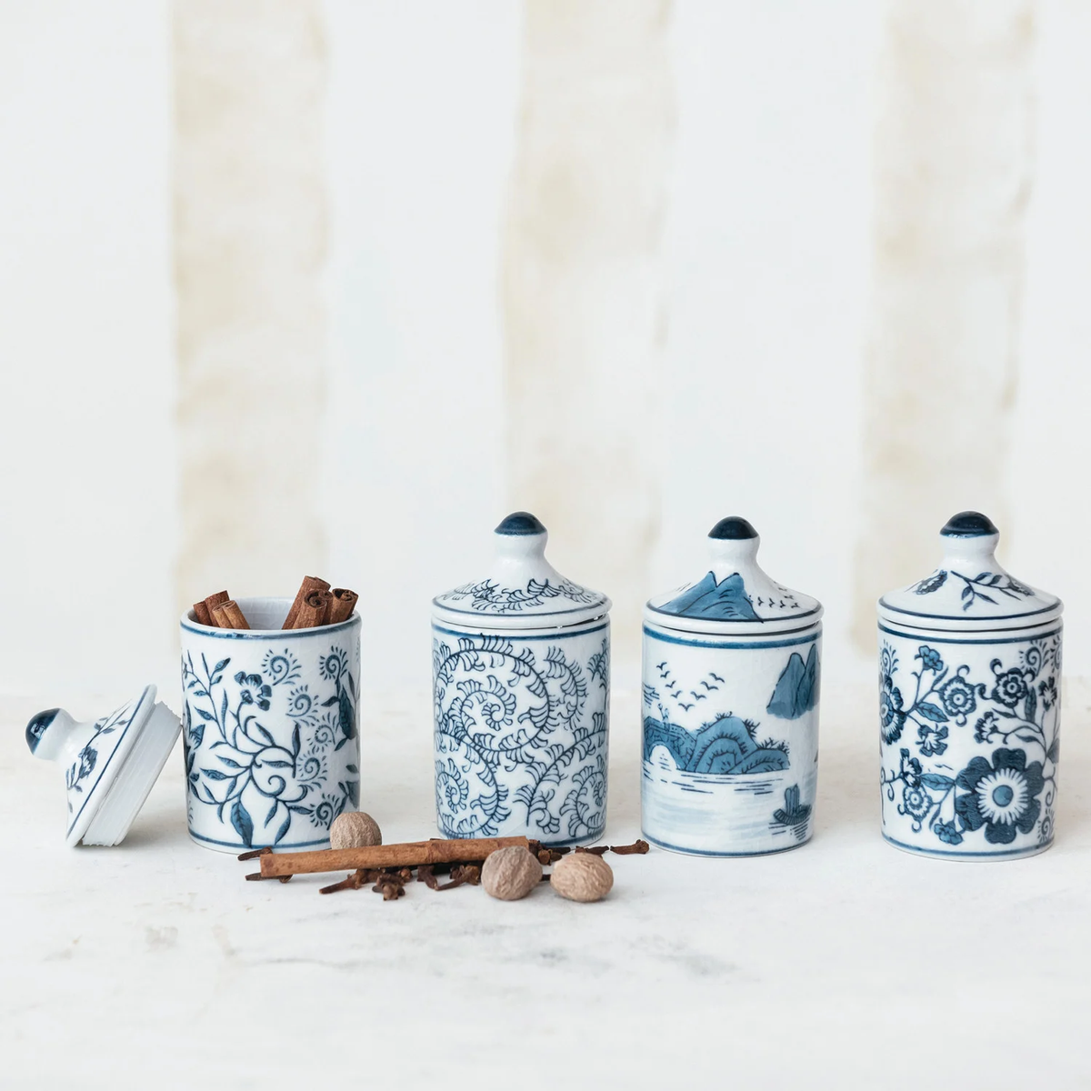 Hand-Painted Stoneware Spice Jar w/ Pattern, 4 Styles (Each One Will Vary)