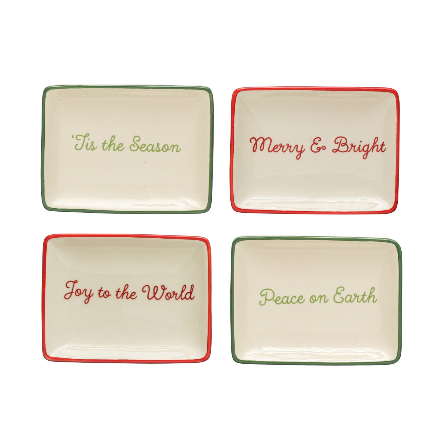 4"L x 3"W Stoneware Dish w/ Holiday Words & Red/Green Rim, Cream Color, 4 Styles