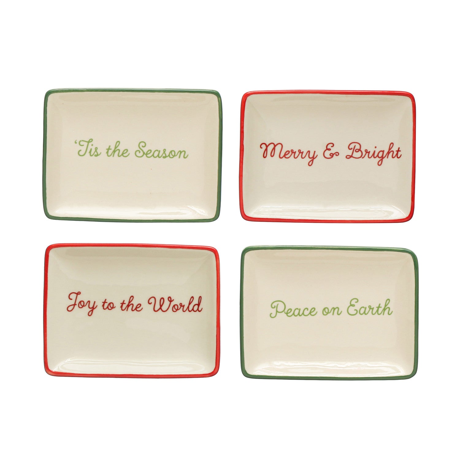4"L x 3"W Stoneware Dish w/ Holiday Words & Red/Green Rim, Cream Color, 4 Styles