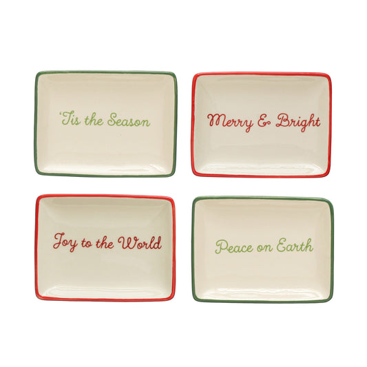 4"L x 3"W Stoneware Dish w/ Holiday Words & Red/Green Rim, Cream Color, 4 Styles