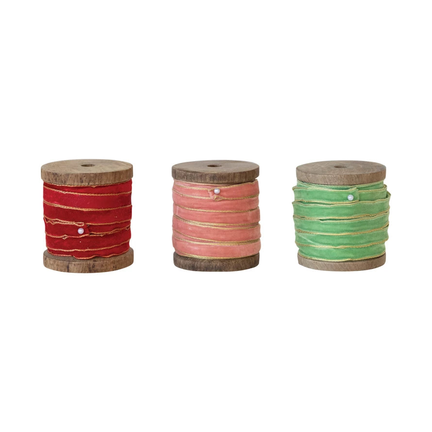 10 Yard Velvet Ribbon with Metallic Edges on Small Wood Spool - 3 Colors