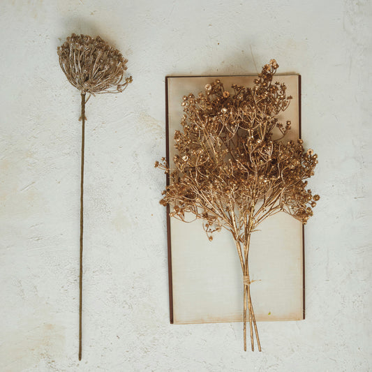 Faux Queen Anne's Lace Stem w/ Glitter, Gold Color