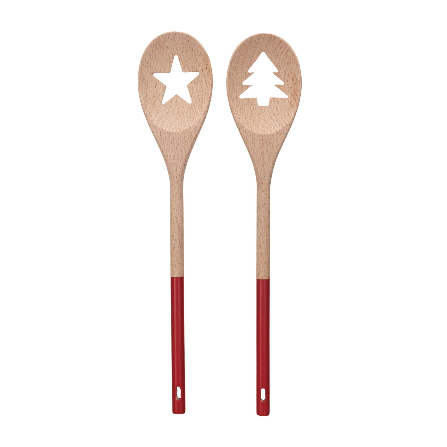 Acacia Wood Spoon w/ Tree/Star Cut-Out, Natural & Red, 2 Styles