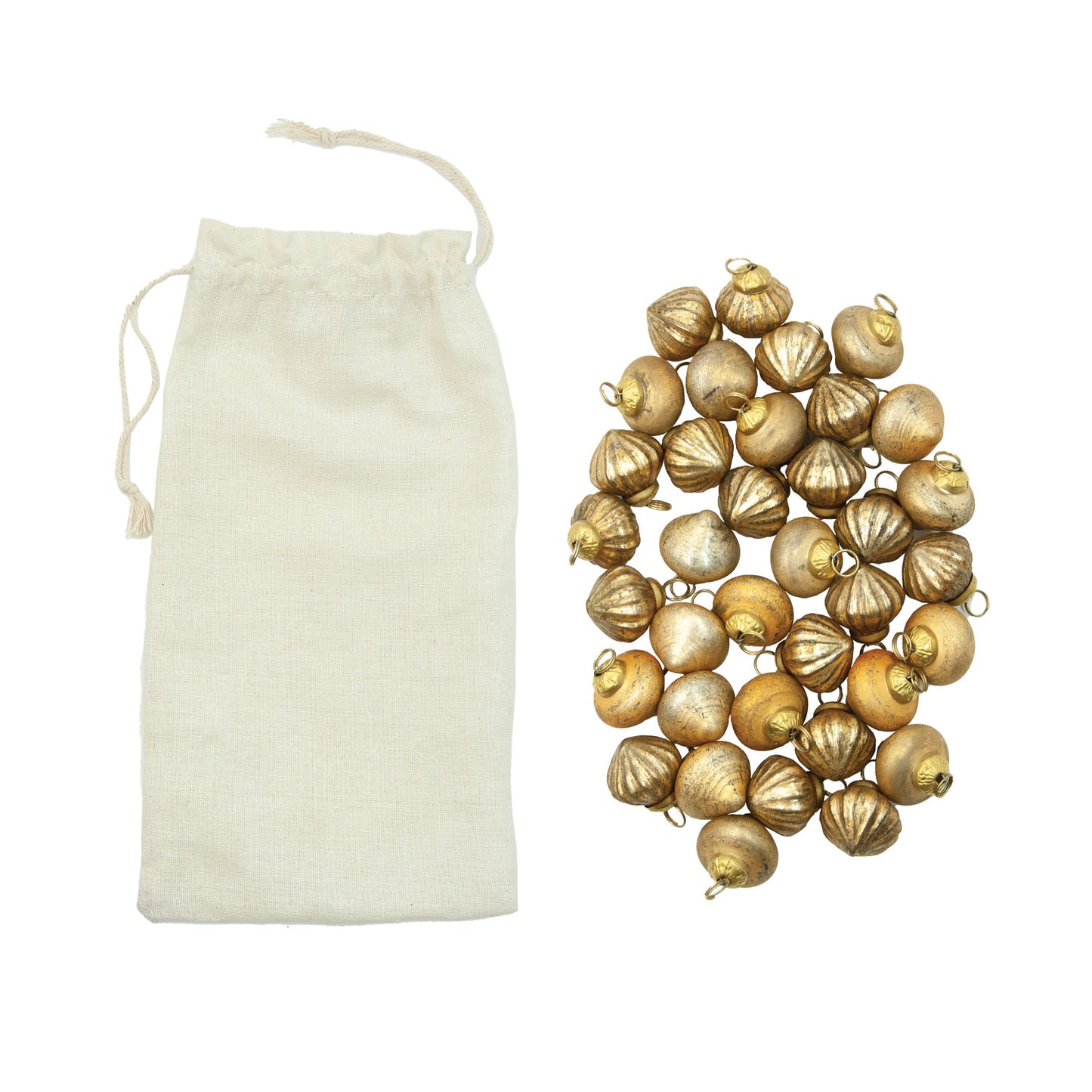 Embossed Mercury Glass Ornaments in Muslin Bag, Set of 36