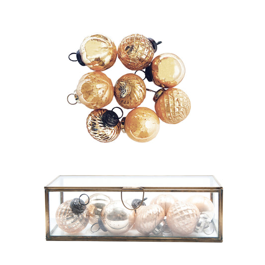 (8) Embossed Mercury Glass Ornaments in Display Box, Set of 9