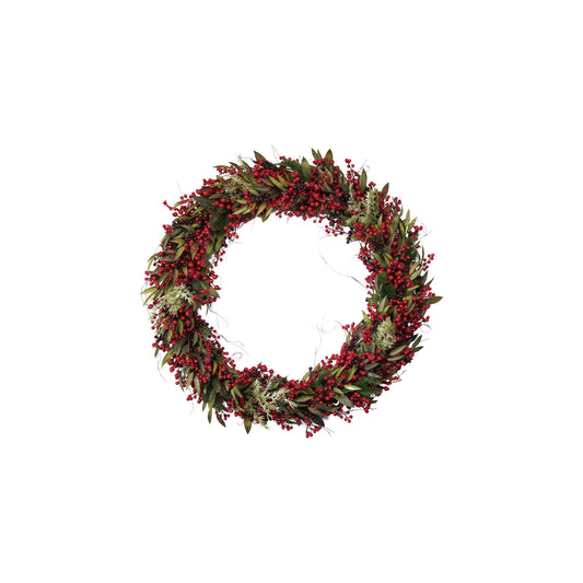 Faux Spruce Wreath with Red Berries, Crab Apples & Pinecones