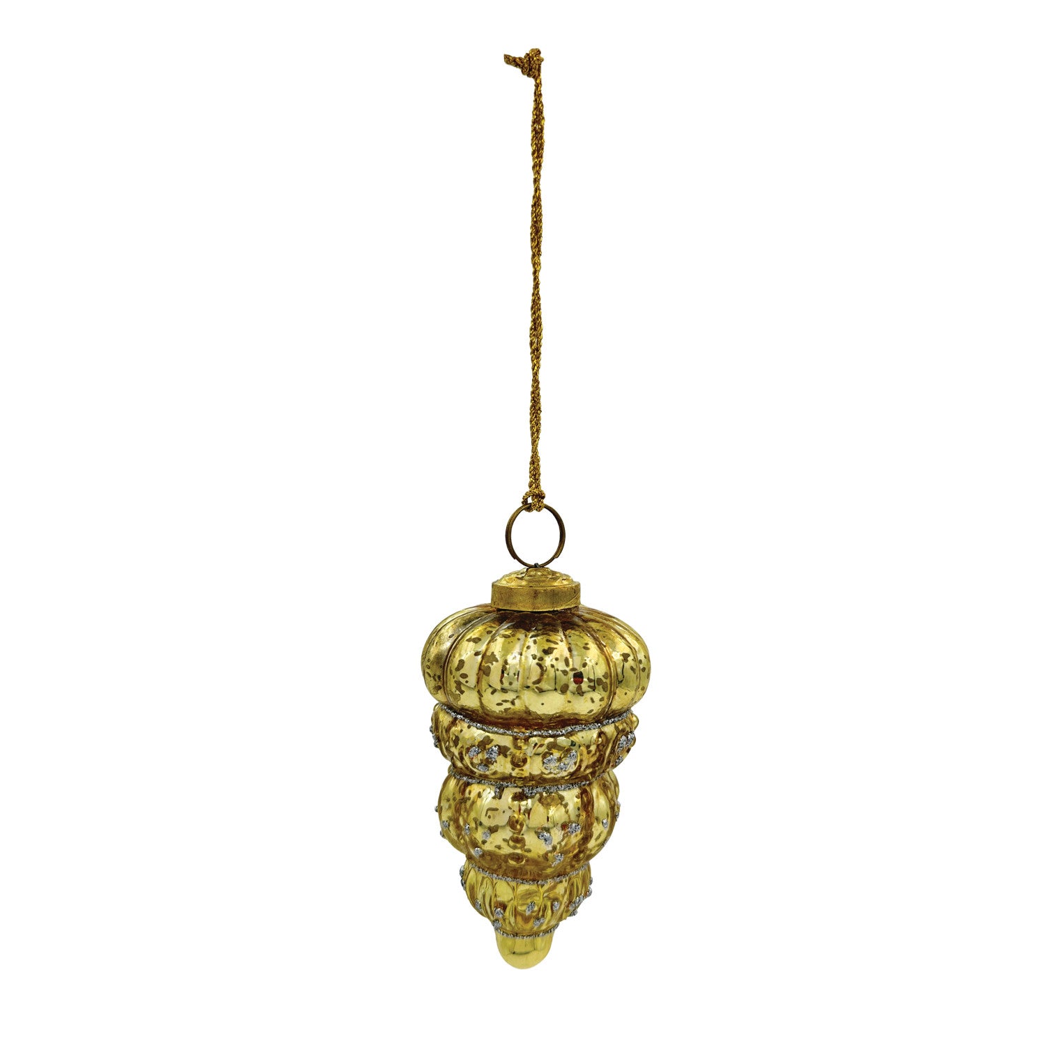 Embossed Mercury Glass Finial Ornament with Glitter, Gold Finish