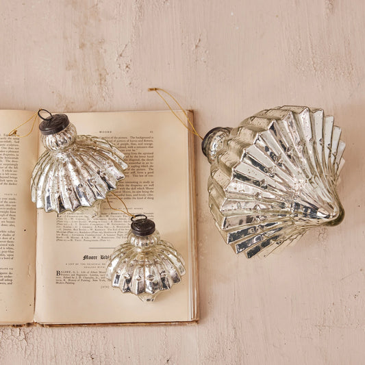Mercury Glass Pleated Ornament, Antique Silver Finish